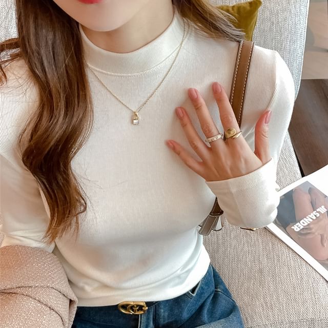 Weelop-Long Sleeve Mock Neck Plain Slim Fit Top