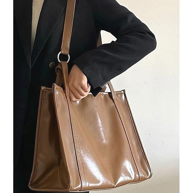 Bolso-Faux Leather Plain Tote Bag