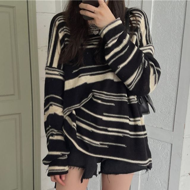 drop shoulder striped sweater