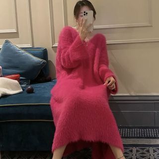 Sistyr V-Neck Plain Fluffy Midi Sweater Dress Sale