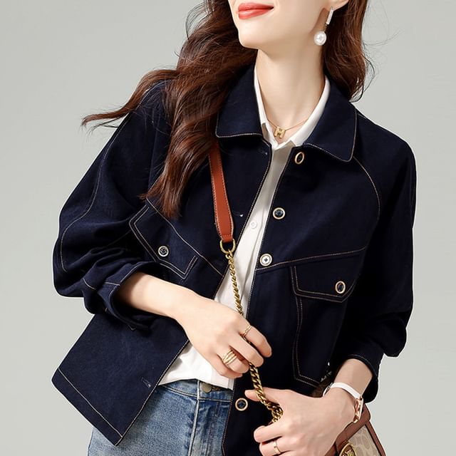 Jeonseon-Collared Washed Panel Button Denim Puffer Jacket