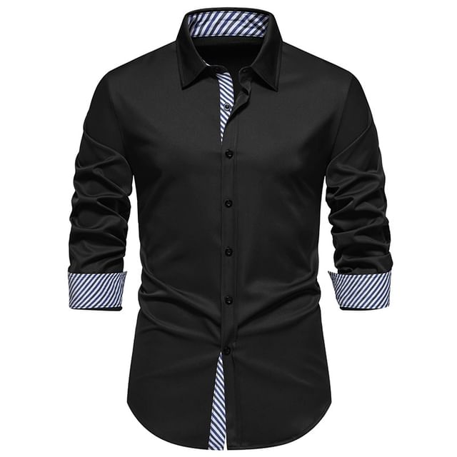 YIKES-Long-Sleeve Striped Panel Button-Up Shirt