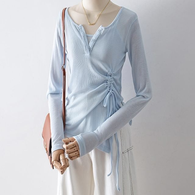 Cossita-Set Long-Sleeve Plain Drawstring Asymmetrical Plain Slit Top Camisole Top