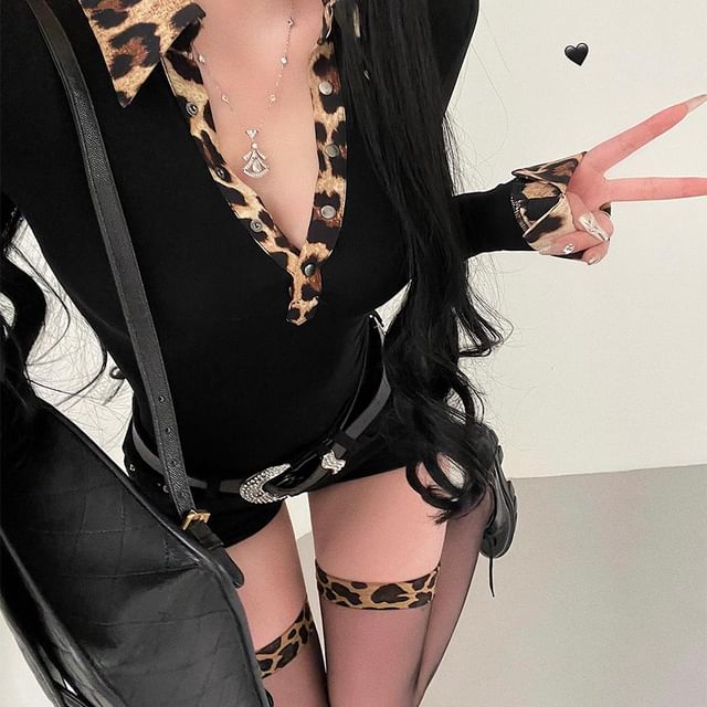 RainGirl-Long-Sleeve Collared Leopard Print Panel Half-Buttoned T-Shirt High Waist Plain Hot Pants Belt Set