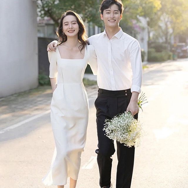 wioniar - Short-Sleeve Square Neck Plain Midi Sheath Wedding Dress |  YesStyle