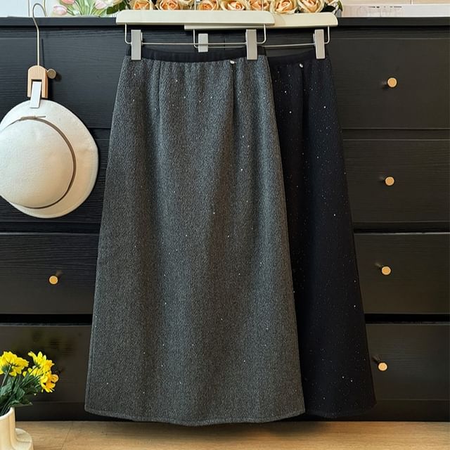 Lemongrass-Glitter Slit-Back Wool Midi Skirt