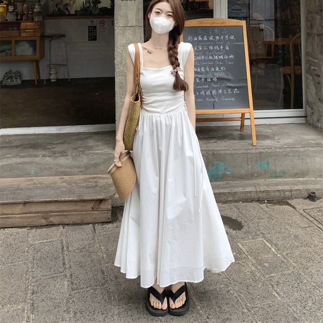 ANORA - Wide Strap Square-Neck Plain Midi A-Line Dress