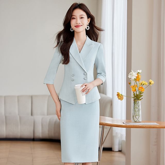 Princess Min-Elbow-Sleeve Peak Lapel Plain Double-Breasted Blazer High Waist Pencil Skirt Flared Pants Set