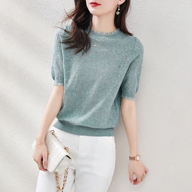 Dragan Pulse-Short-Sleeve Round Neck Plain Knit Top