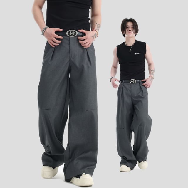 Banash-Couple Matching Mid Waist Plain Baggy Slacks