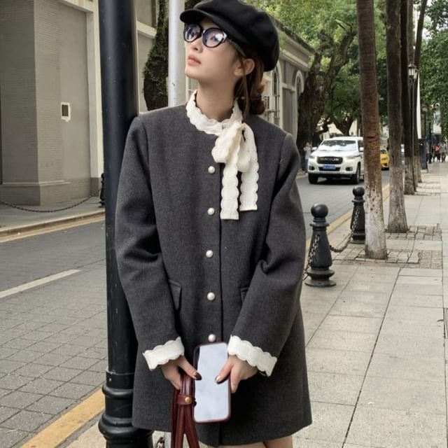 Beem-Round Neck Plain Lace Trim Single Breasted Coat