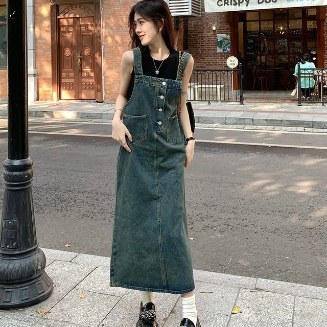 Omolon - Washed Half-Button Midi A-Line Overall Denim Dress | YesStyle Omolon - Washed Half-Button Midi A-Line Overall Denim Dress | YesStyle