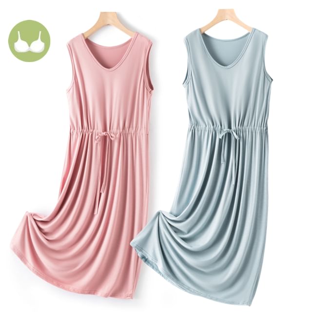 KUMI-Sleeveless Plain Drawstring Midi Pajama Dress