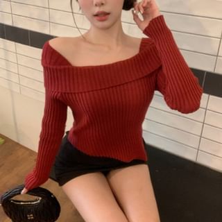 Beem-Off Shoulder Long Sleeve Plain Ribbed Knit Top