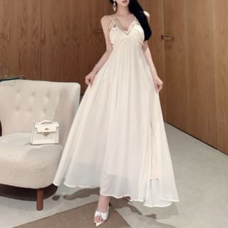 Fioridi-Spaghetti Strap V-Neck Plain Maxi Sundress