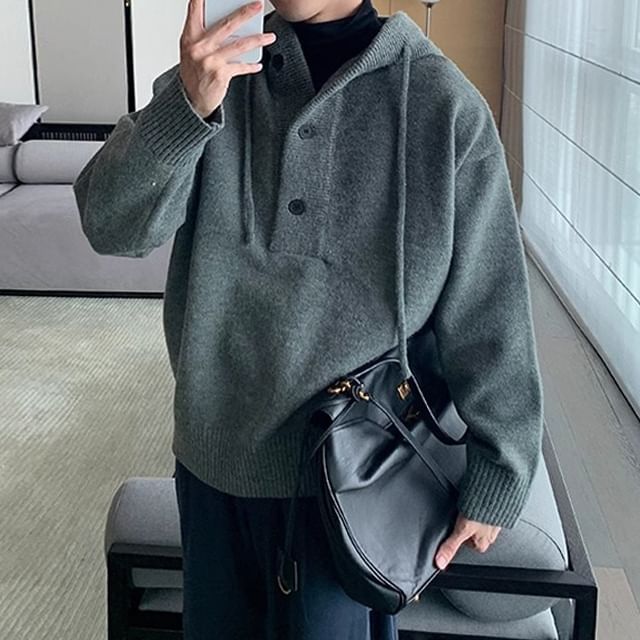 Phoneus-Plain Half-Buttoned Knit Hoodie