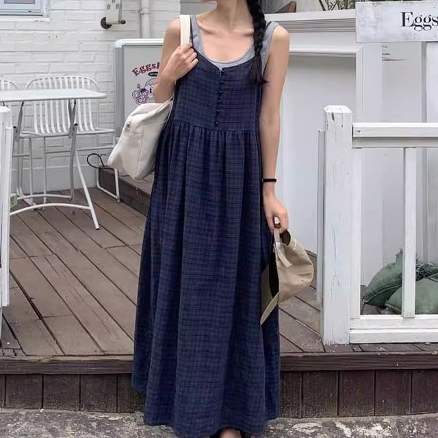 Tulstrix-Spaghetti Strap Button Maxi A-Line Dress