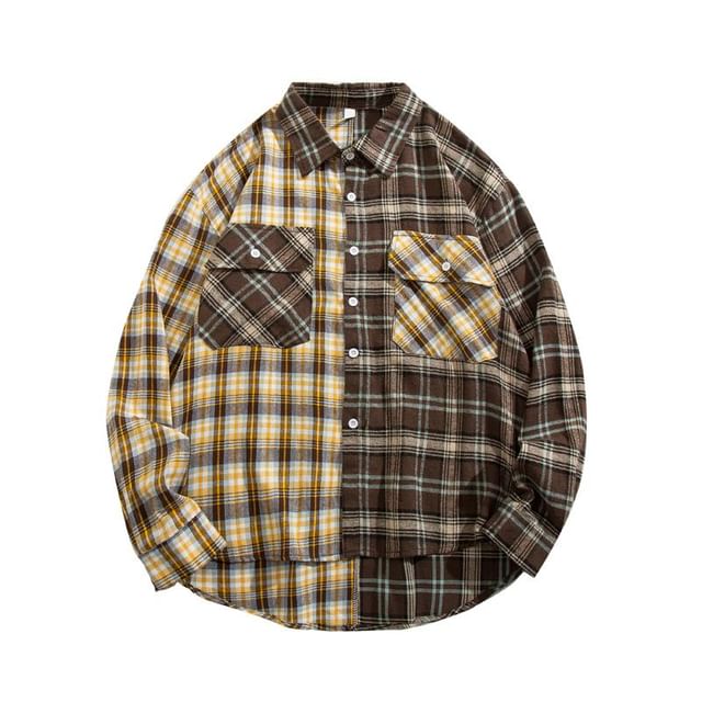 Yelmenor-Long Sleeve Collared Patchwork Plaid Oversized Shirt