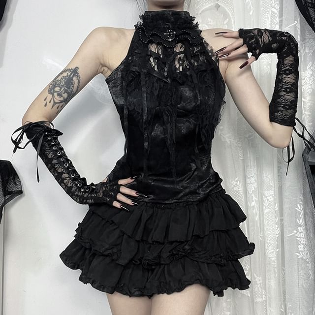 chinese dress ladies Arra Chiffon And Lace Halter Mini Dress - White