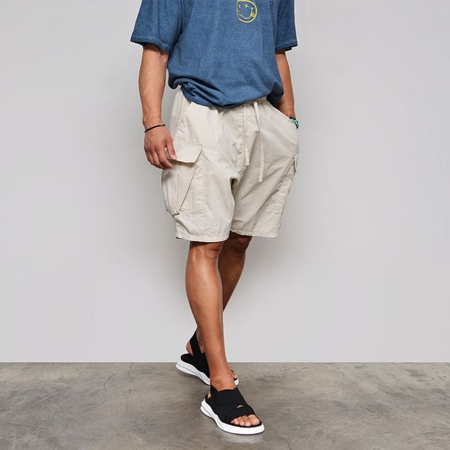 mopagrati-Drawstring Waist Plain Wide Leg Cargo Shorts