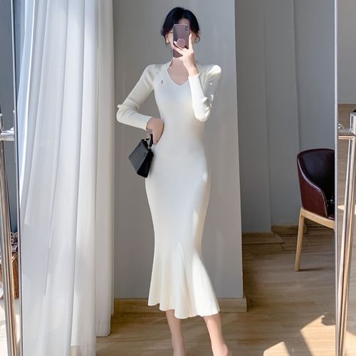 Long-Sleeve Halter-Neck Plain Ribbed Midi Knit Mermaid Dress