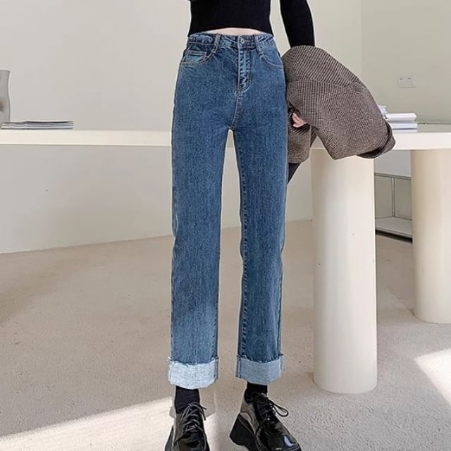 OGAWA High Waist Washed Roll Up Hem Cropped Straight Leg Jeans