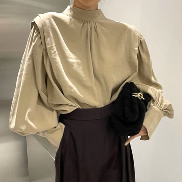 ISSOL-Long-Sleeve Band Collar Plain Blouse