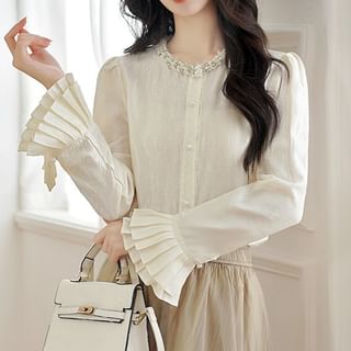 Dragan Pulse-Flare-Sleeve Embellished Plain Blouse