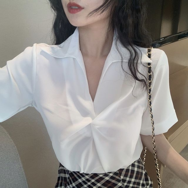 Everose-Short-Sleeve Wrap Open Placket Blouse