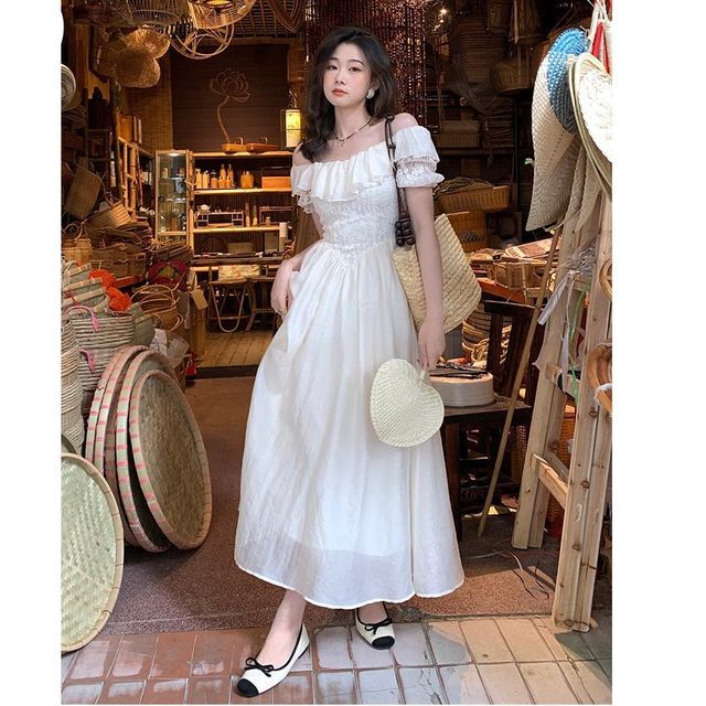 knee length dresses for ladies 1901 Print White Gown Dress Women Summer Lace Skirt main image 1