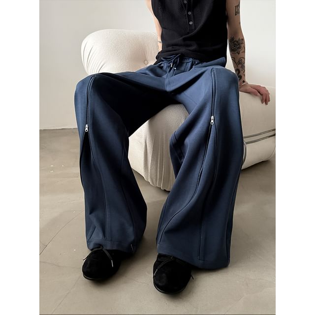 Nahagin-Drawstring Waist Plain Wide Leg Sweatpants