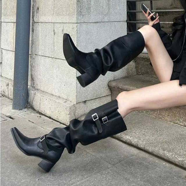 Anran-Block Heel Buckled Tall Boots