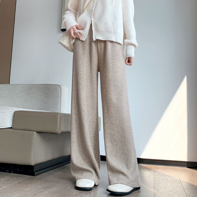 Shopherd - High Waist Plain Ribbed Knit Wide Leg Pants 