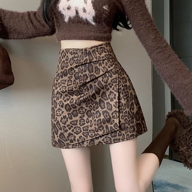 Dragan Pulse-High Waist Leopard Print Asymmetrical Ruched Mini A-Line Skirt