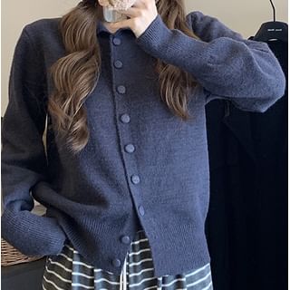 Trendycas-Stand Collar Plain Button-Up Cardigan