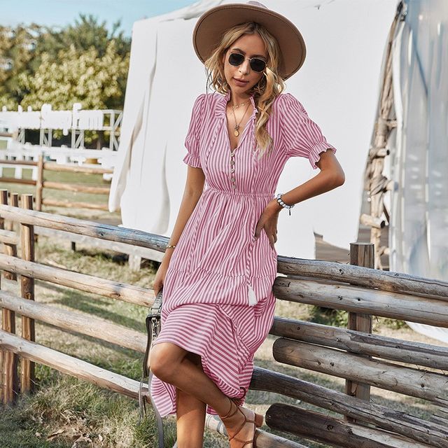 TRUMMENT - Short-Sleeve V-Neck Striped Half-Button A-Line Midi Dress |  YesStyle