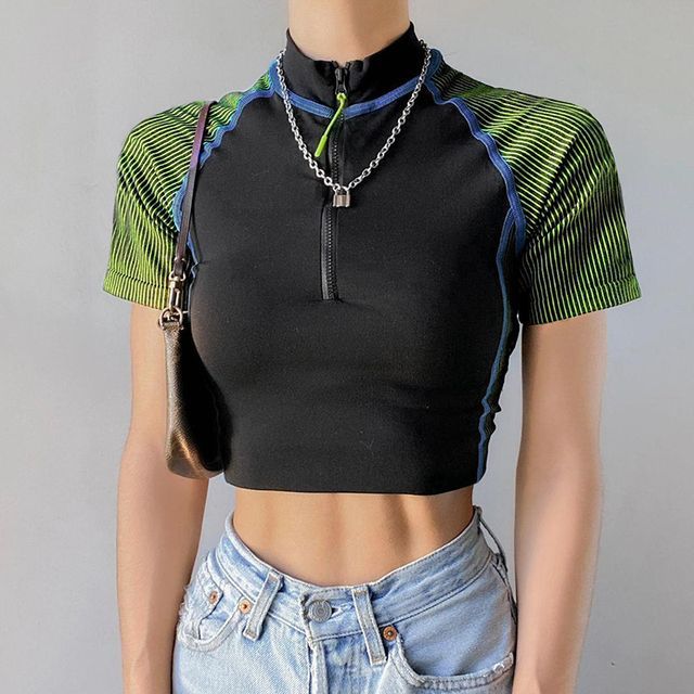 Honet-Short-Sleeve Half-Zip Striped Panel Crop Top