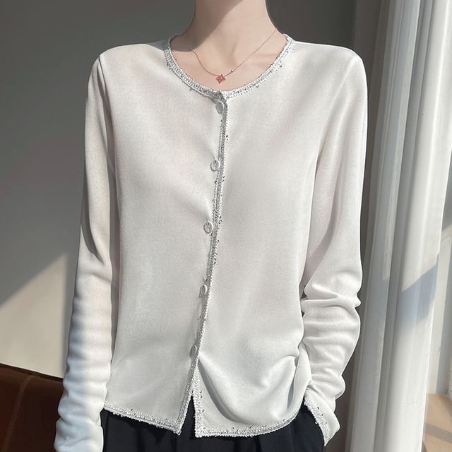 Weelop-Crewneck Button-Up Plain Cardigan