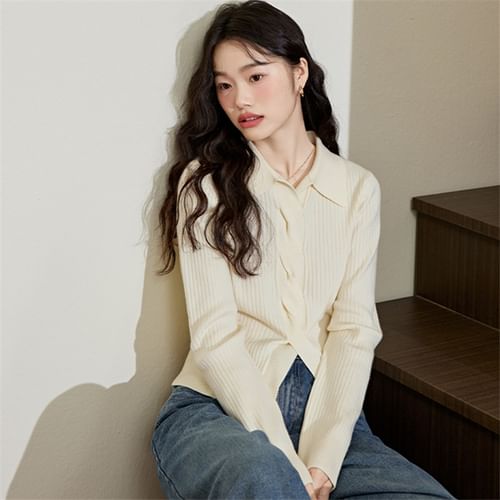 Long-Sleeve Collar Plain Slit Ribbed Knit Top