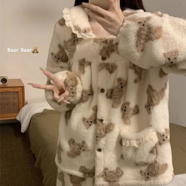 Pajama Set: Bear Embroidered Coral Fleece Button-Up Top + Pants