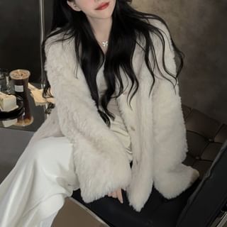 Magma-V-Neck Plain Fluffy Button Jacket Drawstring Waist Wide Leg Pants