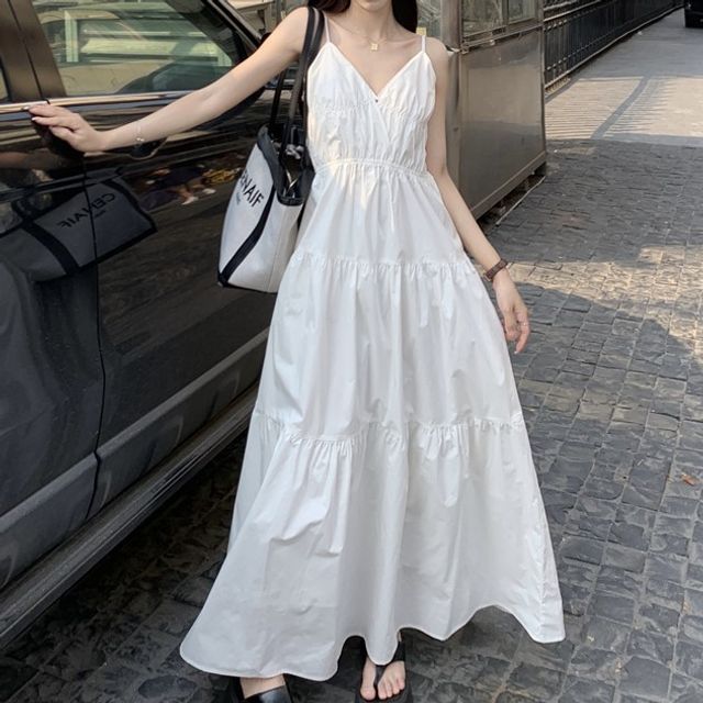 spaghetti strap plain ruffle ruched maxi a-line dress Spaghetti Strap Maxi Dress with Front Slit and Ruffle-Pink – Curvphilo
