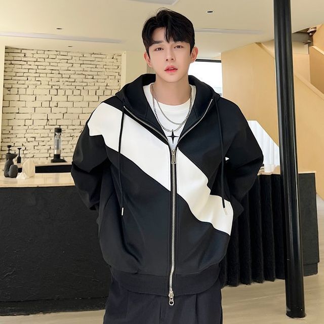 Freehop - Stand Collar Two Tone Zip Hoodie | YesStyle 