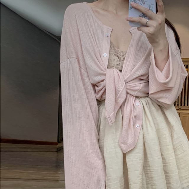 Glotto-Long Sleeve Crew Neck Button Up Cardigan