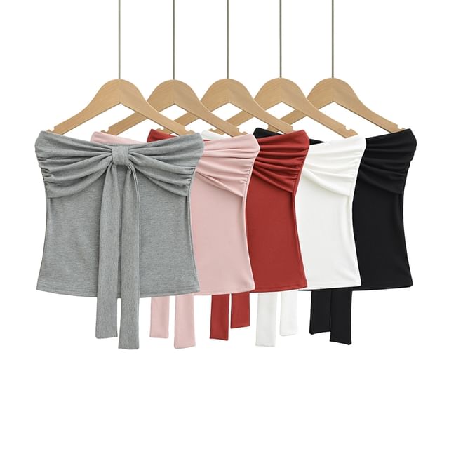 Ulark-Strapless Knot Front Plain Crop Top