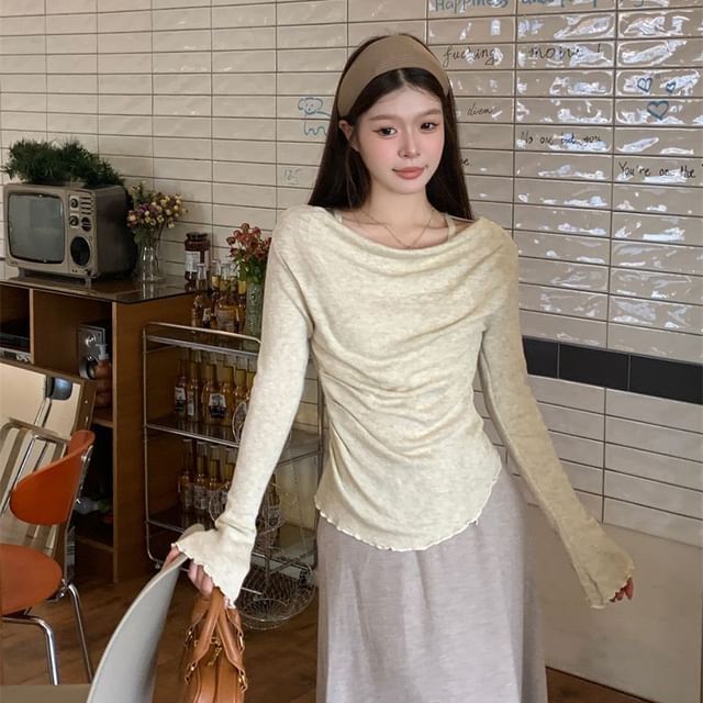 OGAWA-Long Sleeve Cowl Neck Plain Ruched Top