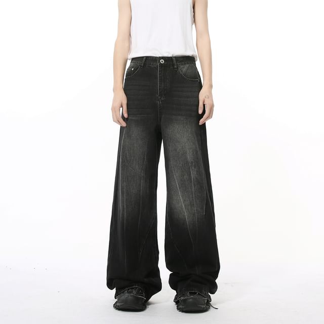 FAERIS-Mid Rise Washed Wide Leg Jeans