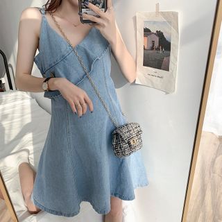 Moon City - Spaghetti Strap Ruffled A-Line Denim Dress | YesStyle Moon City - Spaghetti Strap Ruffled A-Line Denim Dress | YesStyle