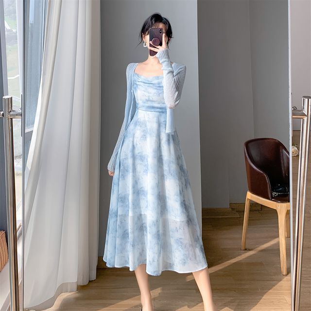 Darling Deer - Spaghetti Strap Floral Midi A-Line Dress / Plain Cardigan /  Set | YesStyle