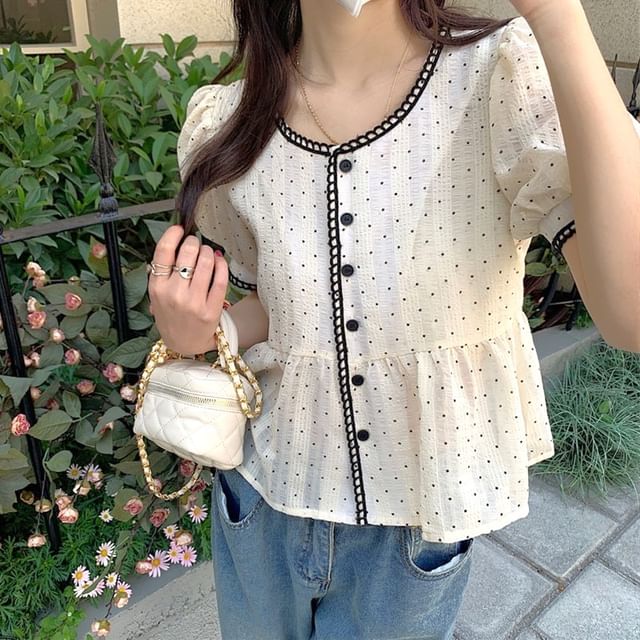 Yako-Short Sleeve Crew Neck Polka Dot Blouse